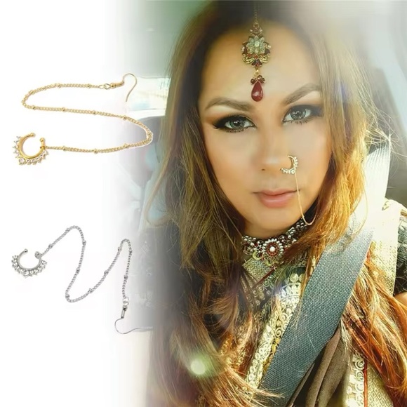 Jewelry - Gold Septum or Side Wall Nose Ring with Attatched Chain and Earring